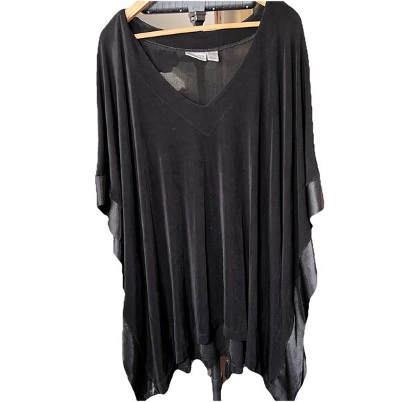 CHICO’S TRAVELERS V-Neck Kaftan Tunic Top Blouse Black w/Satin Trim M/L - Picture 1 of 5